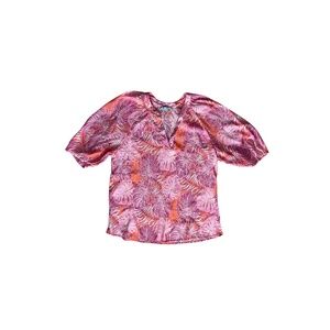 By Design Women's Palm Leaf Pattern Top w/ Notch Neckline & Puff Sleeves_Size L